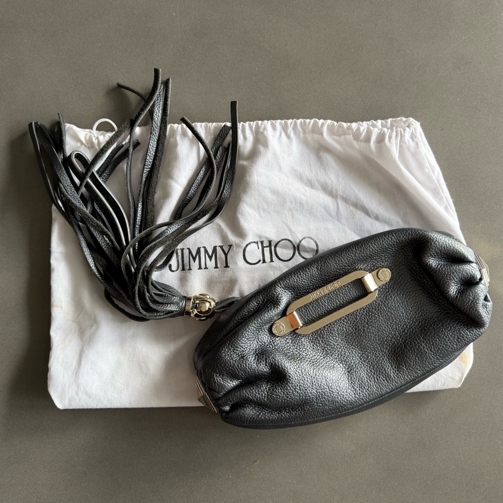 Jimmy Choo Metallic Gray Leather Wristlet with Tassel Vintage